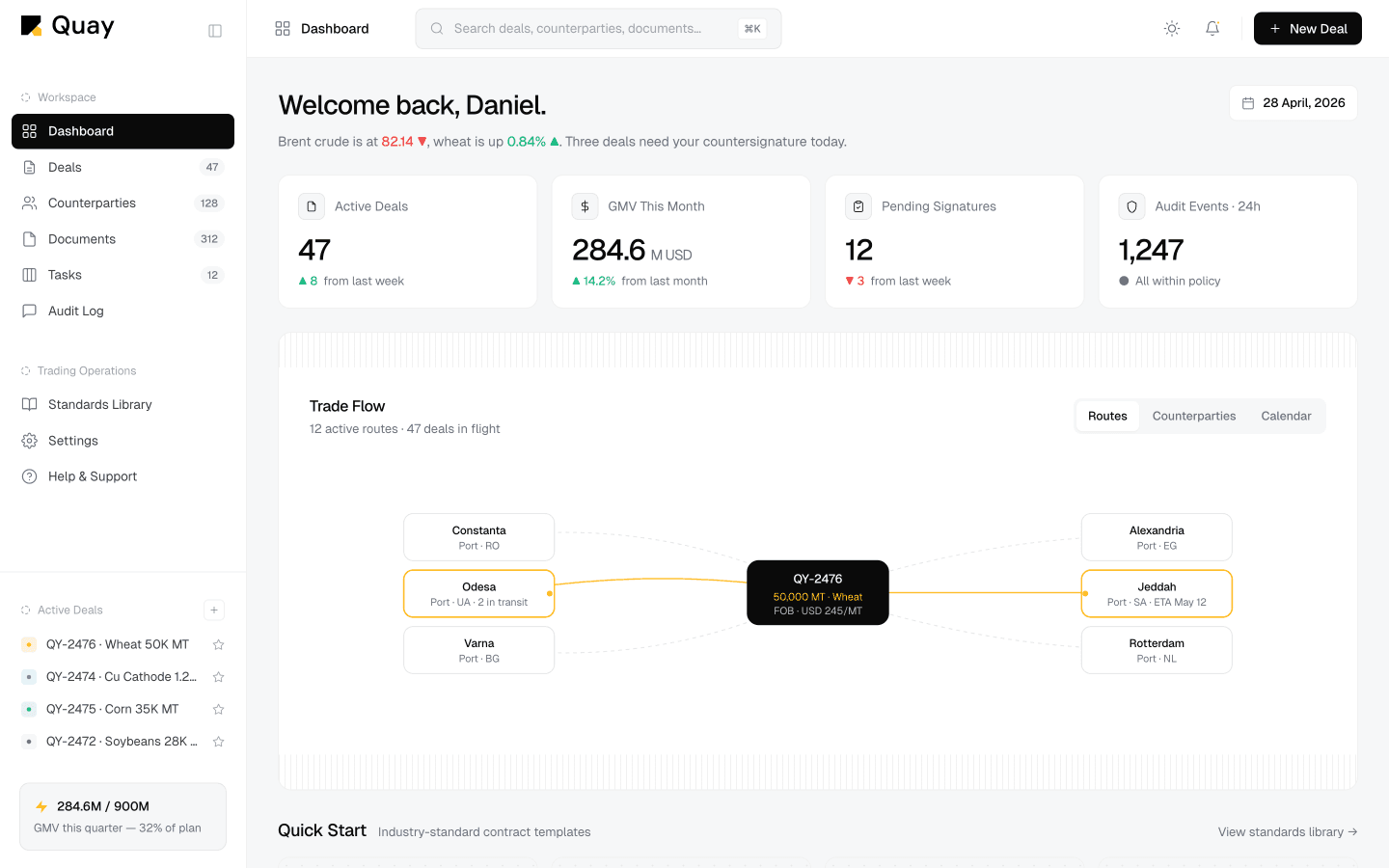 Quay dashboard showing active deals, pending signatures, and trade pipeline
