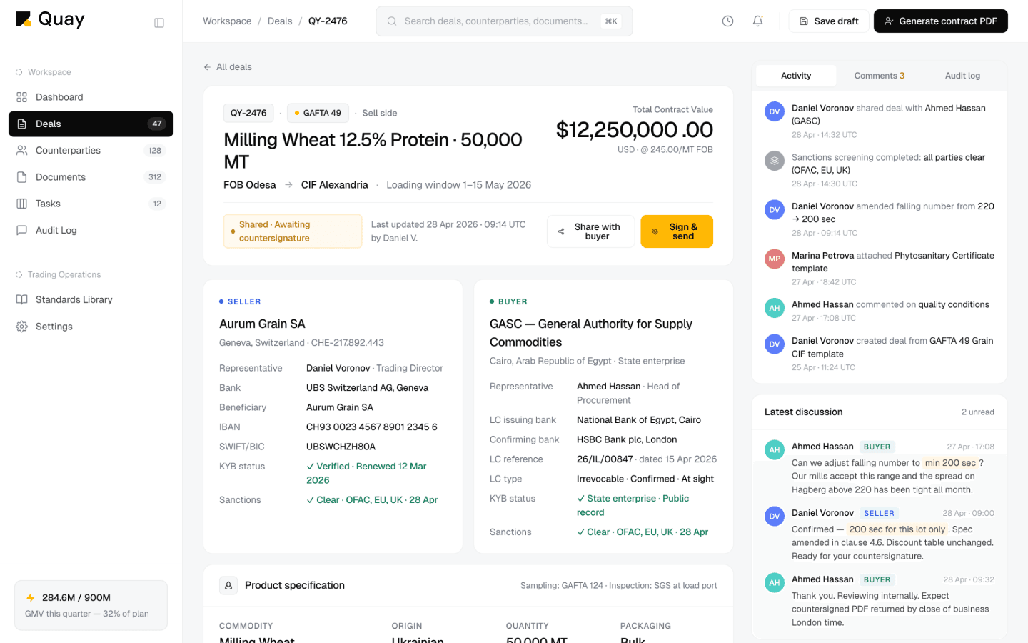 Deal editor showing 50,000 MT wheat contract with GAFTA template fields